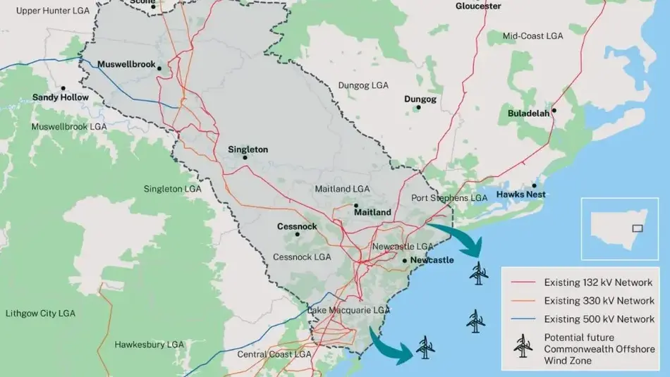 A draft map of wind turbines in the Hunter-Central Coast Renewable Energy Zone