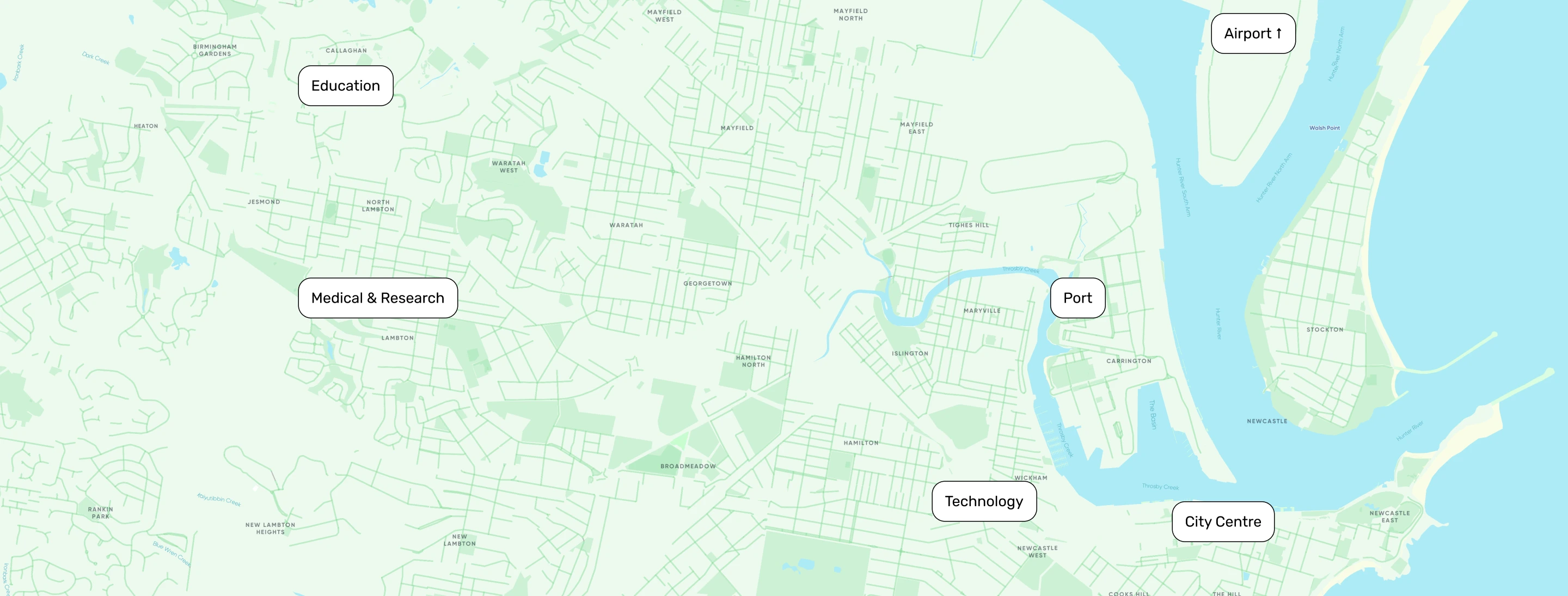 Newcastle map highlighting the city centre, technology, Port, airport, medical & research and education precincts.
