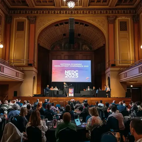 View across delegates seated at round tables looking towards speakers presenting on stage in front of an Economic Development Australia banner at Newcastle City Hall.