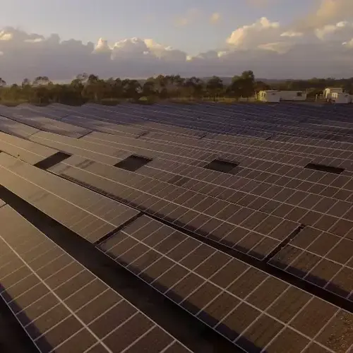 Rows of solar panels at a renewable energy site in Newcastle captured at sunset with golden light and clouds overhead.