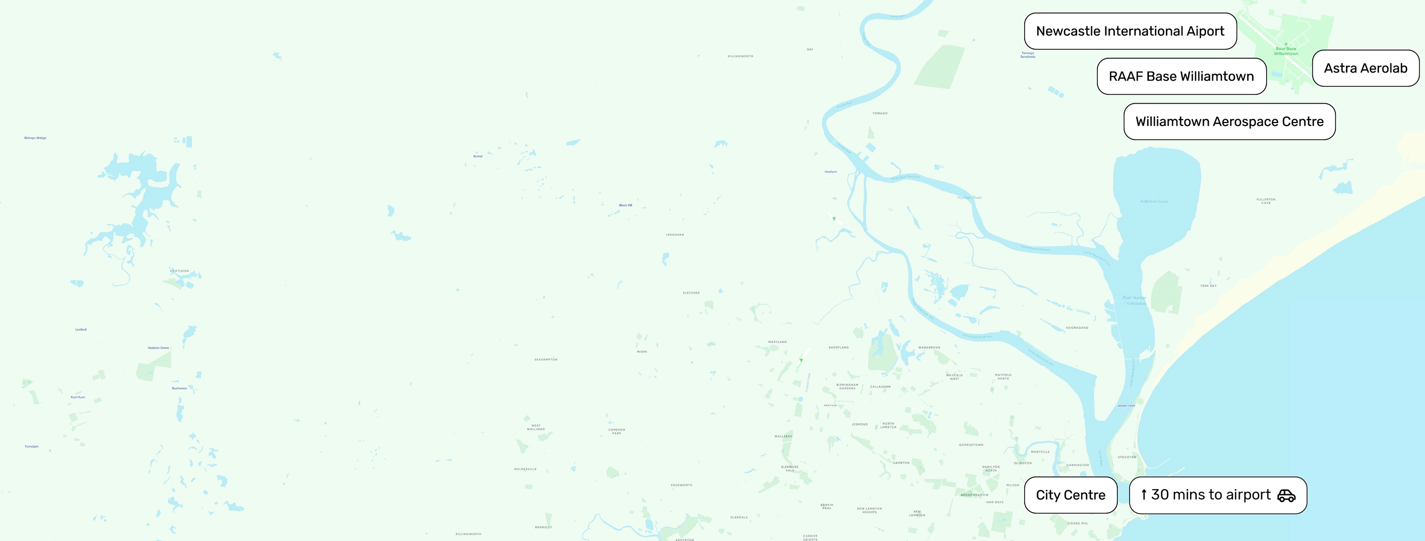 Map showing Newcastle International Airport in relation to the city centre