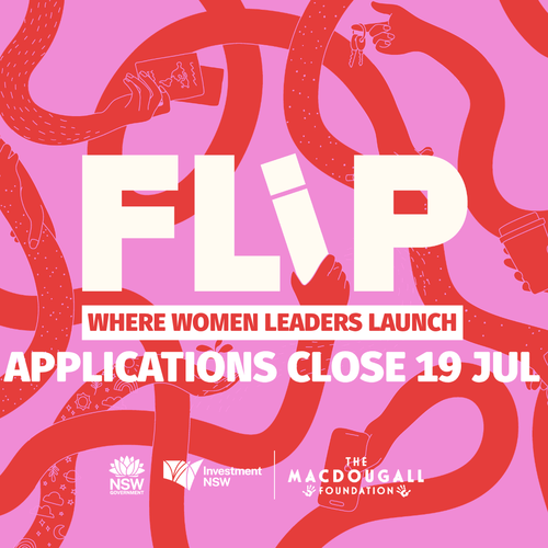NSW FLIP promotional graphic featuring the text "Where Women Leaders Launch" and applications closing 19 July.