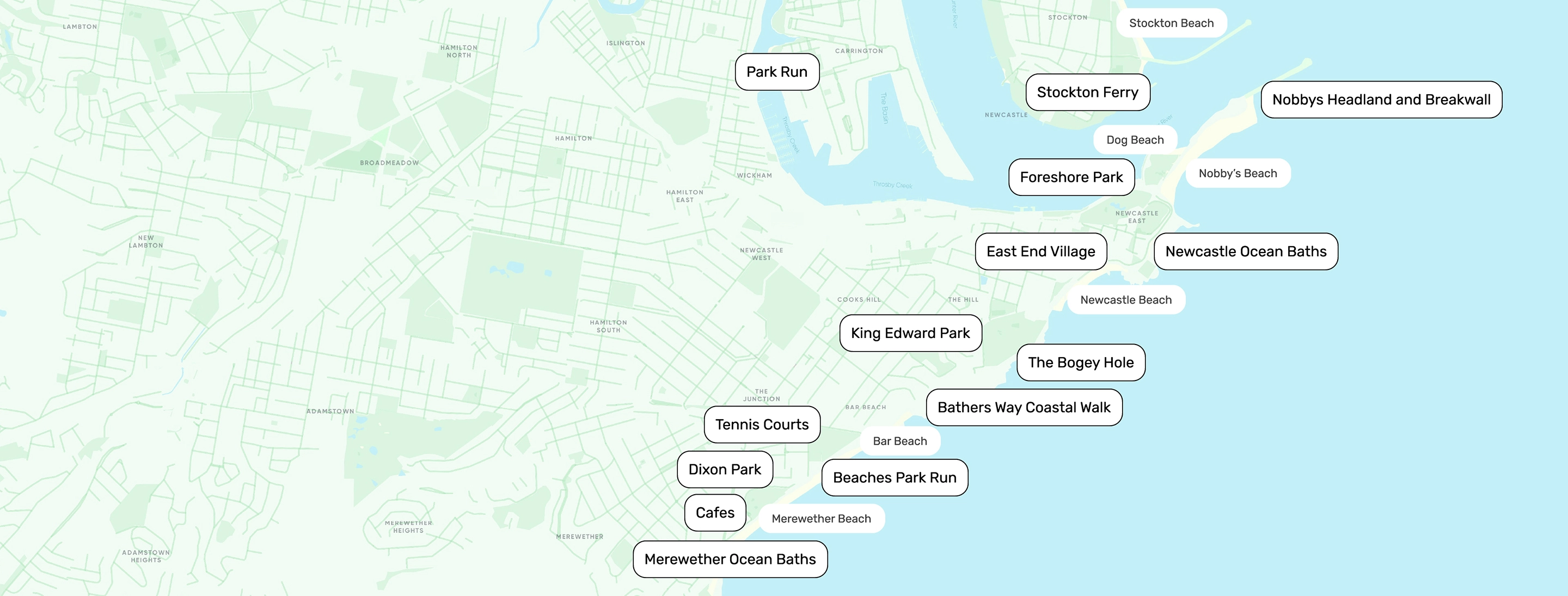 Map of coastal suburbs in Newcastle