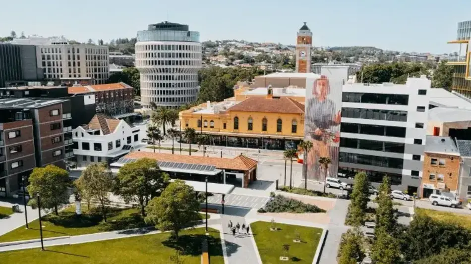 Aerial image of Newcastle CBD showing Museum Park and a large scale art mural 