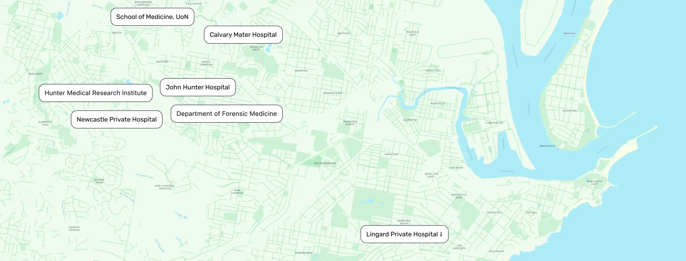 Map of medical and research facilities in Newcastle