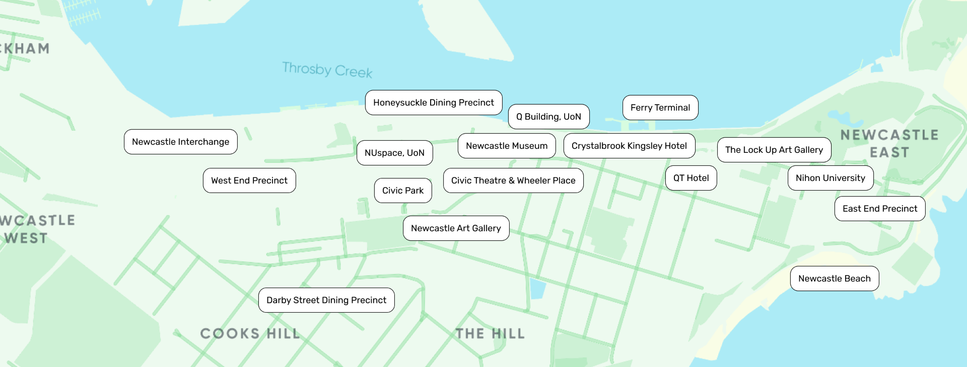 Map highlighting key precincts in the Newcastle city centre